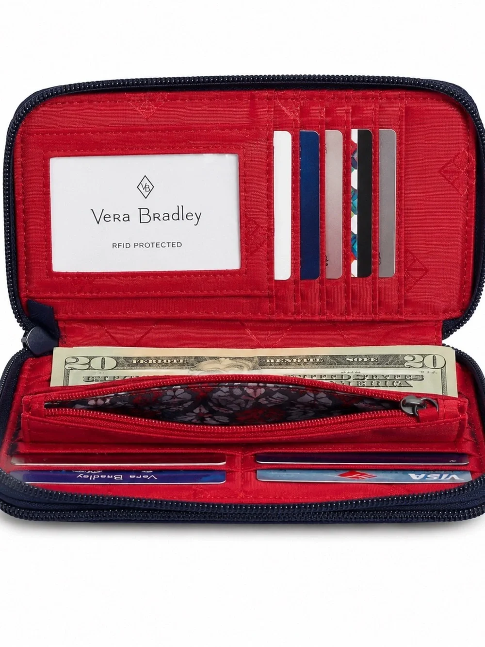 Vera Bradley Iconic RFID Wallet Navy Red Hearts NWT No Wristlet Strap